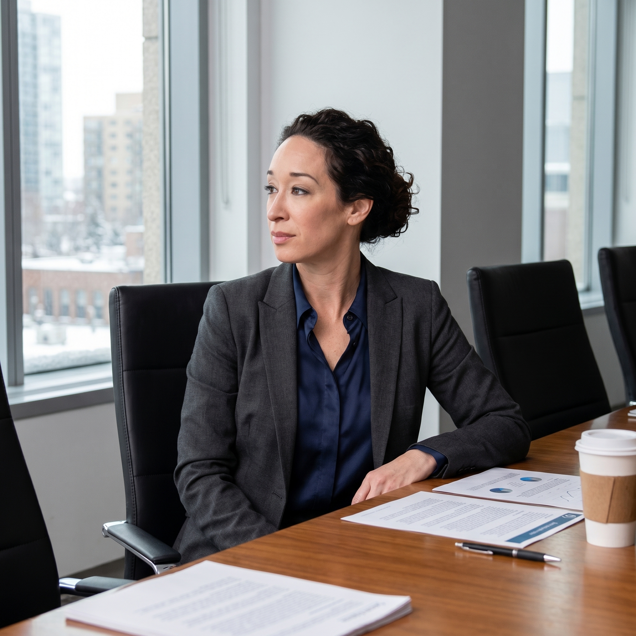 Woman at a boardroom table preparing for a high-stakes leadership moment — nervous system regulation coaching